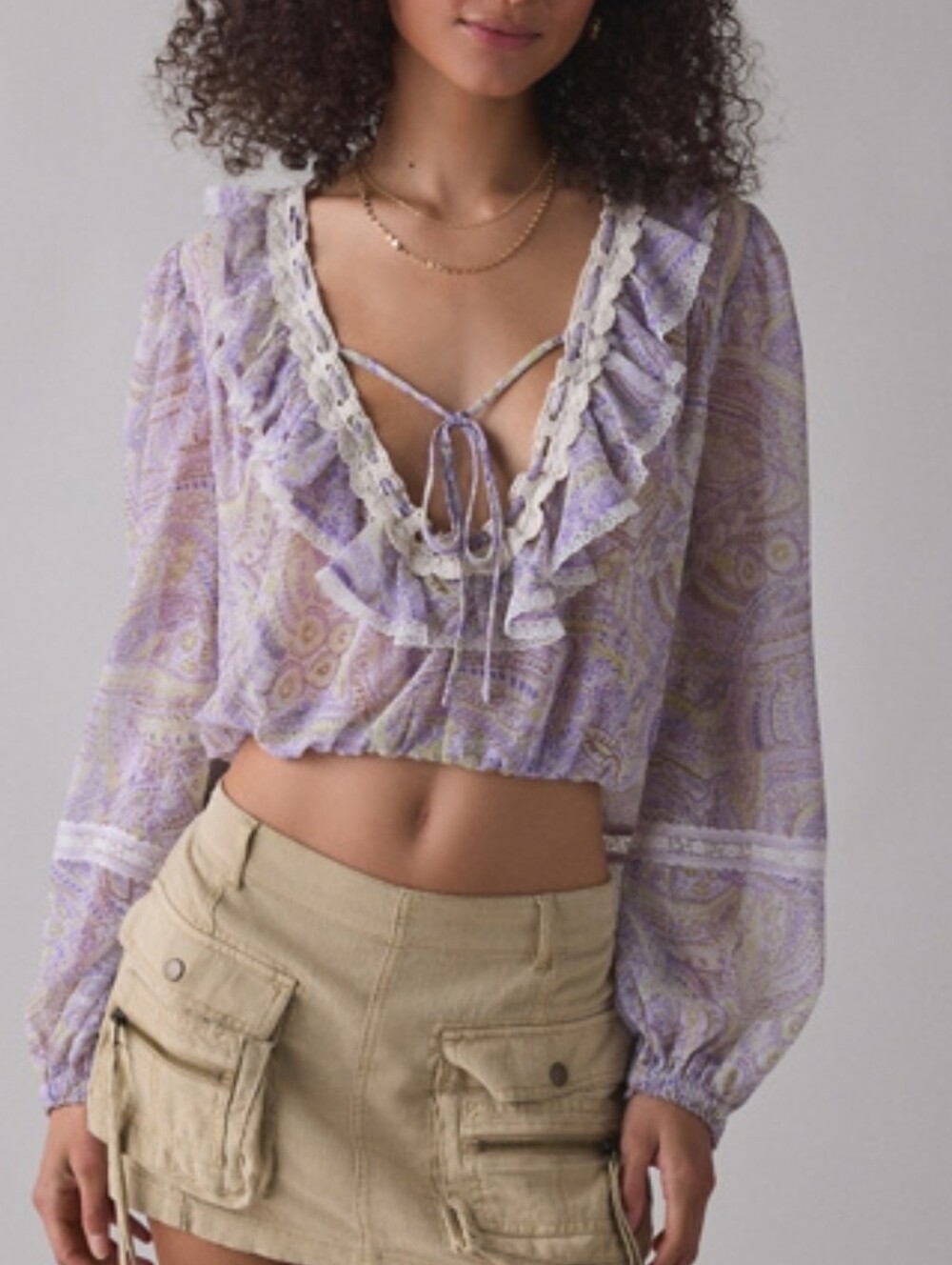 Kimchi Blue Paisley Ruffle Lace Trim Sheer Blouse
